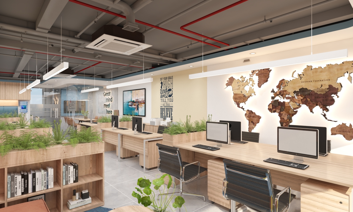 Thiết kế văn phòng 100m2 hiện đại Thiết kế nội thất văn phòng 100m2 hiện đại với khu làm việc và phòng họp kính